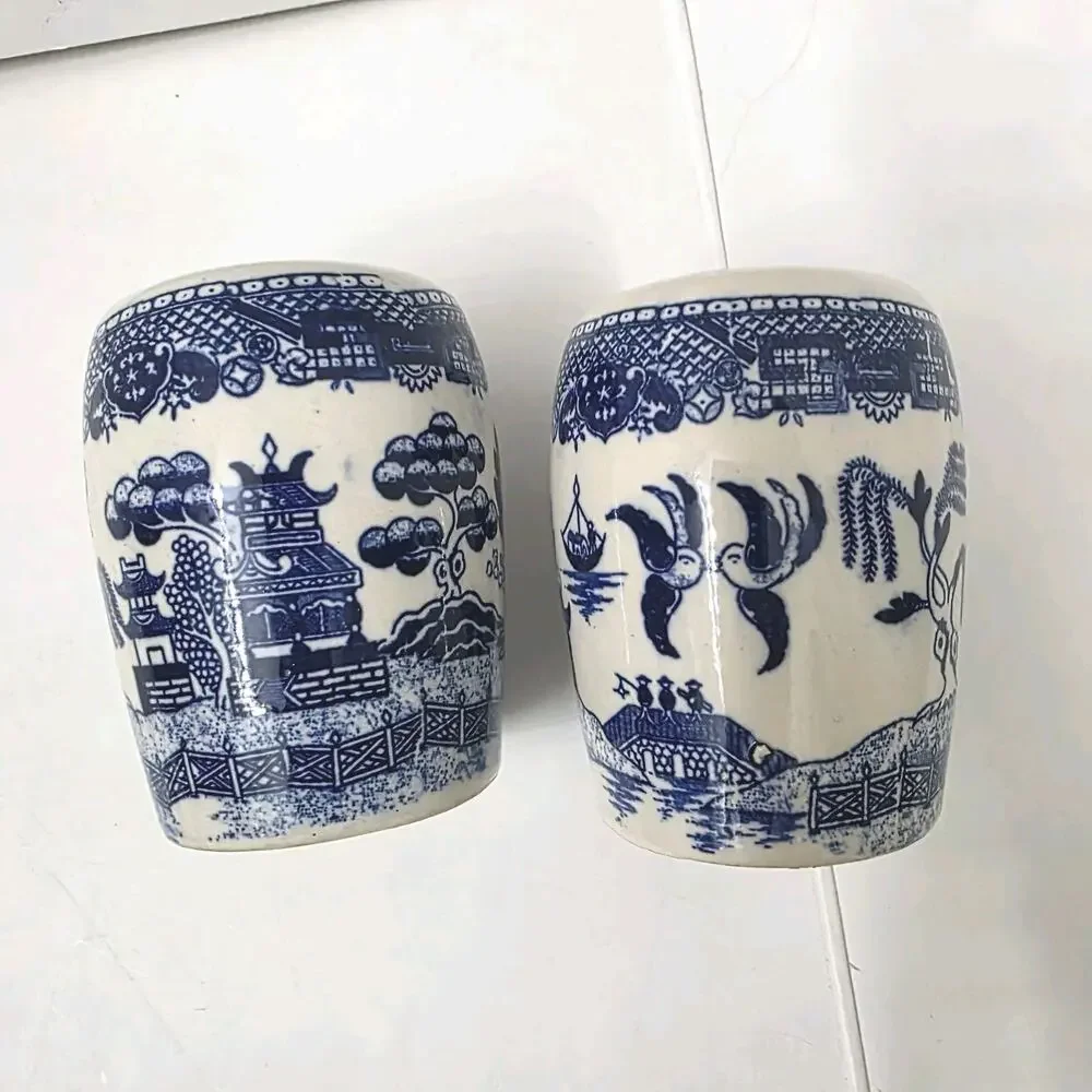 Vintage Blue Willow Salt and Pepper Shaker Set Odd Barrel Shape, Japan